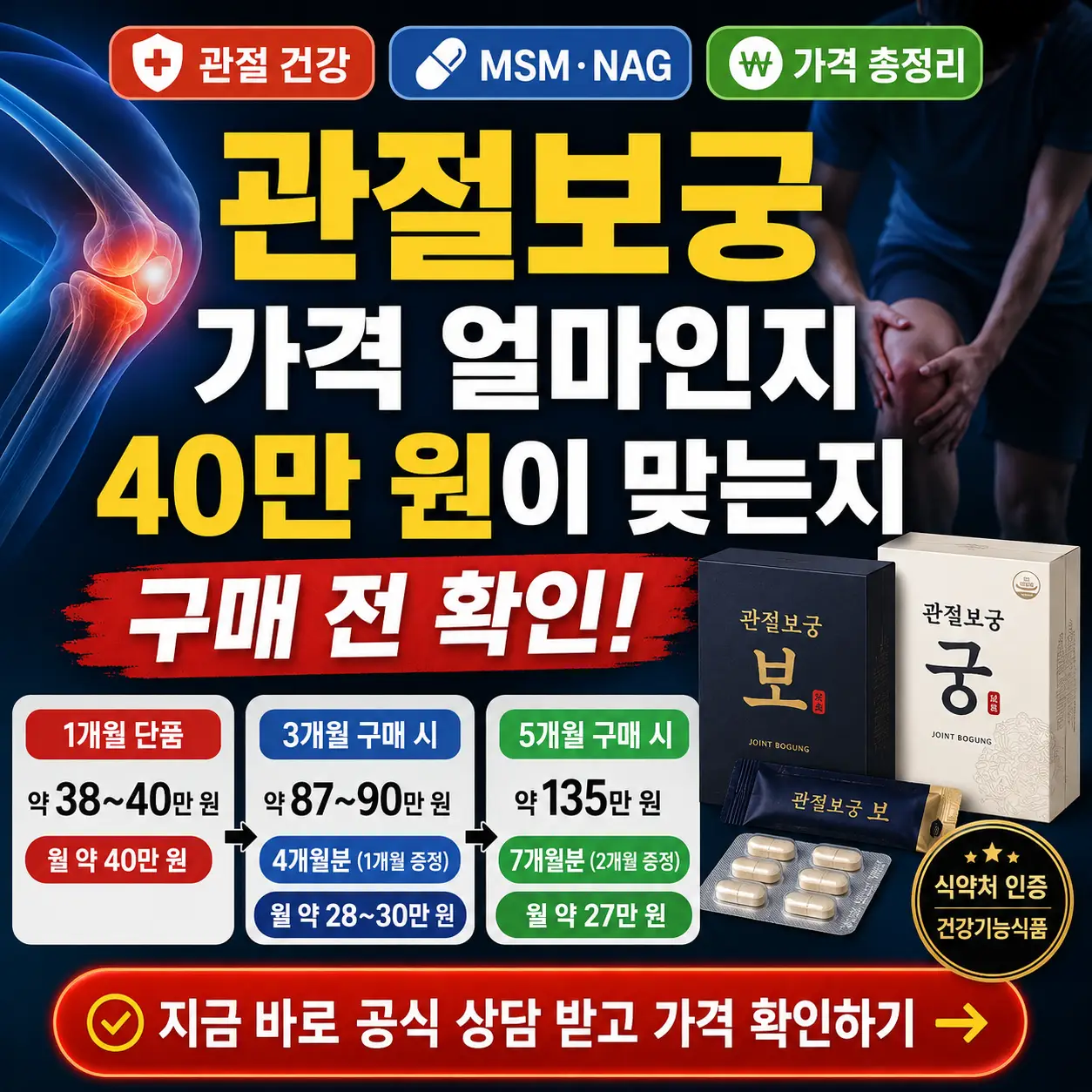 관절보궁 가격 40만 원 여부와 구매 전 확인사항을 강조한 건강정보 썸네일.