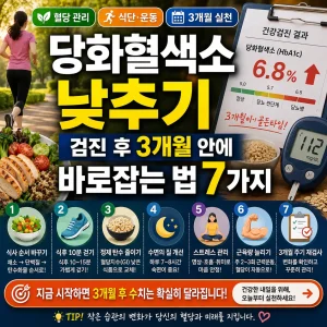 검진 후 3개월 안에 당화혈색소를 낮추는 7가지 생활습관을 강조한 건강 썸네일