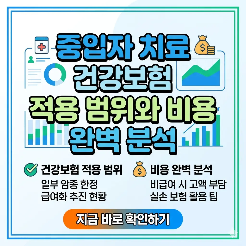 중입자 치료의 건강보험 적용 범위와 예상 비용 정보를 명확하게 요약한 1:1 비율의 정보성 썸네일 이미지입니다.