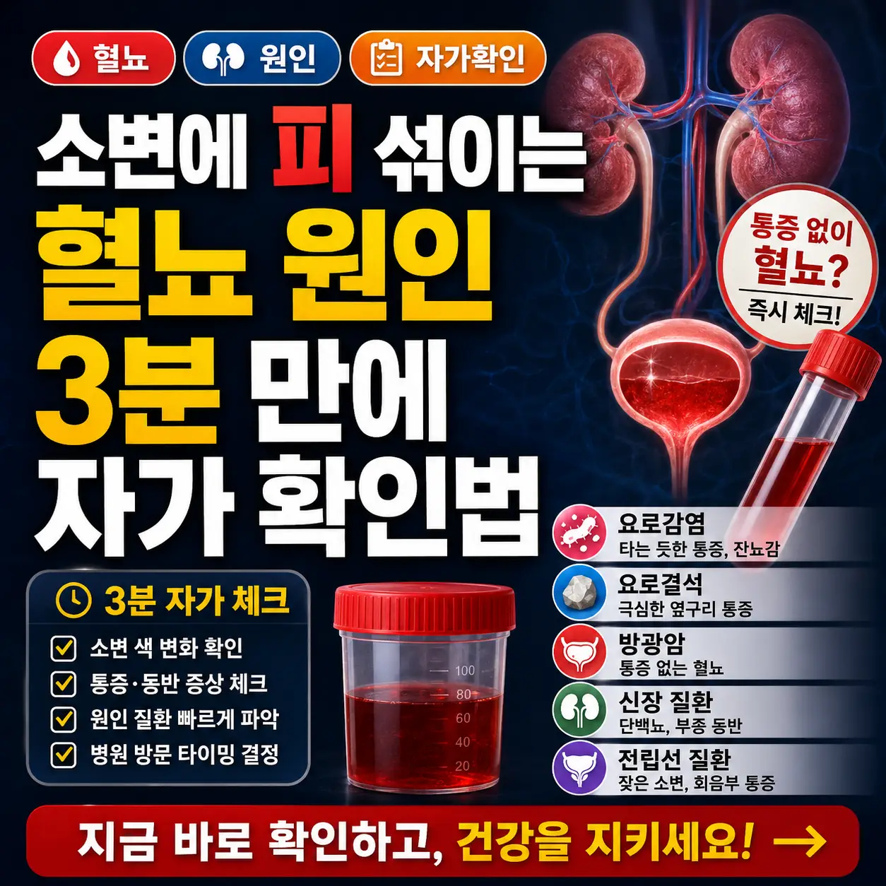 혈뇨 원인과 3분 자가 확인법을 강조한 비뇨기 건강 썸네일.