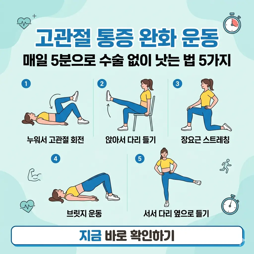 매일 5분 투자로 고관절 통증을 완화하고 수술 없이 회복하는 5가지 운동법을 소개하는 밝고 명확한 인포그래픽 썸네일입니다.