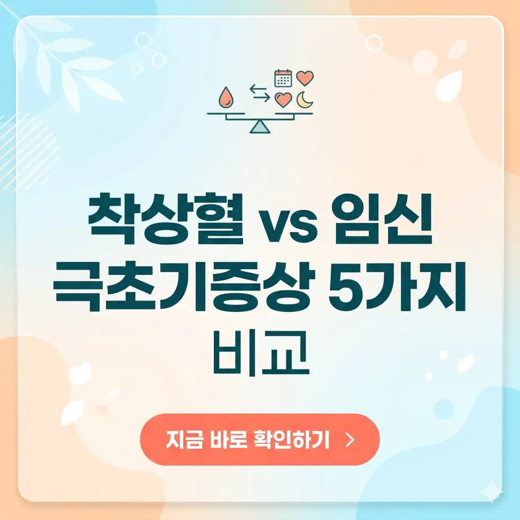 밝고 깨끗한 배경 중앙에 '착상혈 vs 임신 극초기증상'이라는 문구가 적혀 있고, 하단에 클릭 유도 문구가 포함된 1:1 비율의 정보성 썸네일 이미지.