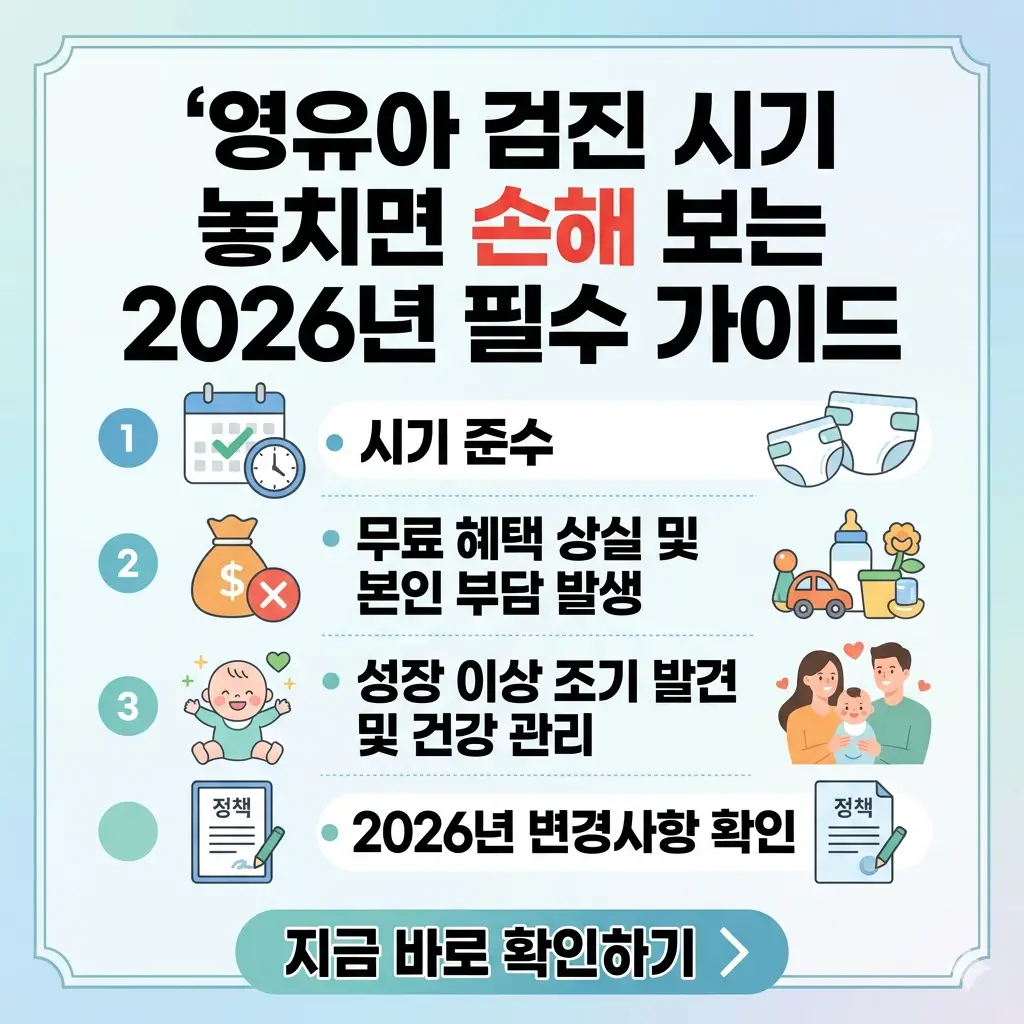 영유아 검진 시기를 놓치면 손해 보는 2026년 필수 가이드를 요약한 정사각형 정보성 포스터.