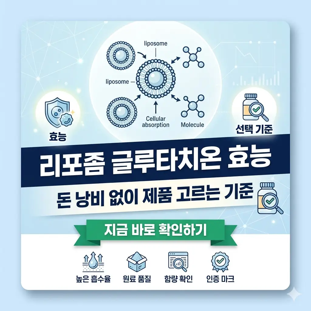 리포좀 글루타치온의 효능을 설명하고, 현명한 제품 선택 기준을 제시하는 1:1 비율의 정보성 썸네일 이미지입니다.