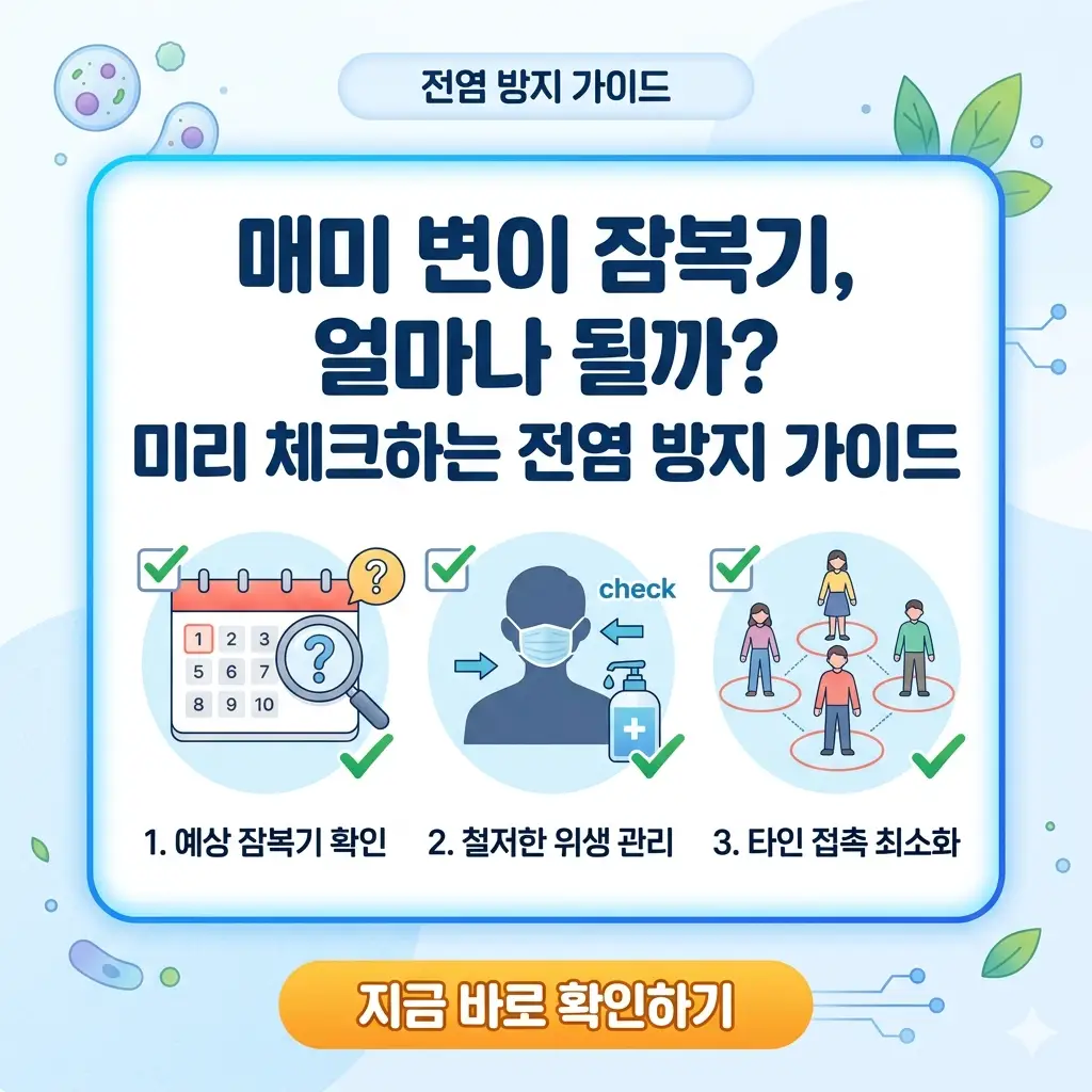 매미 변이 잠복기 기간과 전염 방지를 위한 체크리스트 아이콘이 그려진 카드 뉴스 형태의 썸네일.