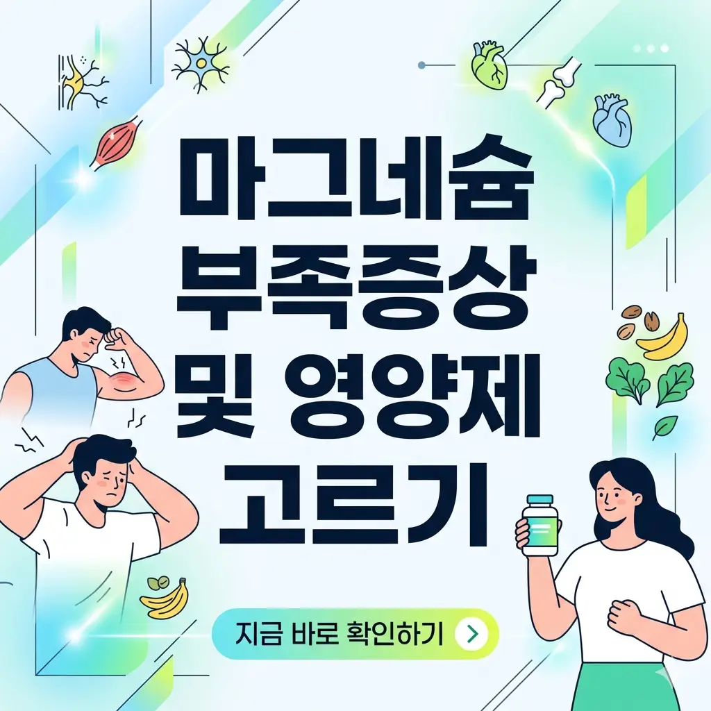 밝은 배경 중심에 '마그네슘 부족증상 및 영양제 선택'이라는 문구가 적힌 깔끔한 1:1 비율의 정보성 썸네일 이미지입니다.