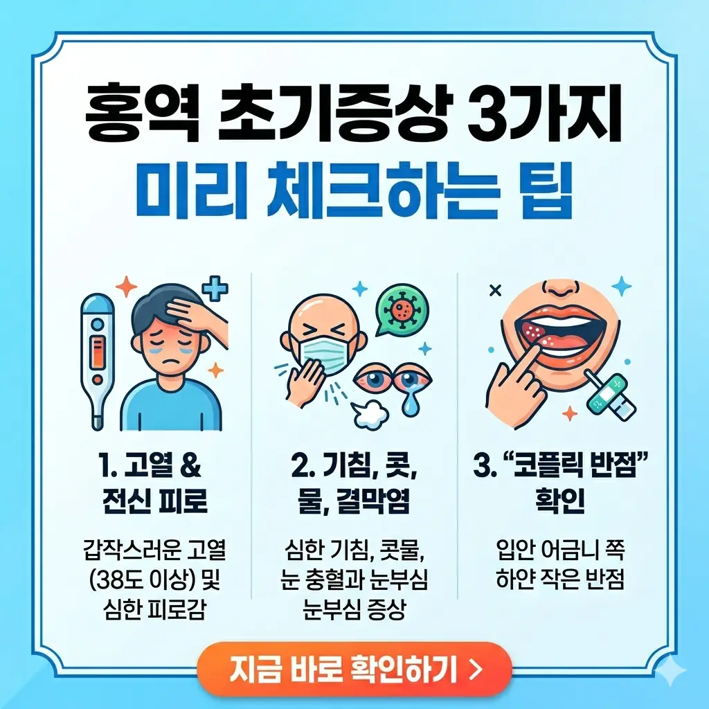 홍역 초기 증상 3가지를 미리 확인하고 대처하는 방법을 직관적으로 요약한 1:1 비율의 정보성 포스터.