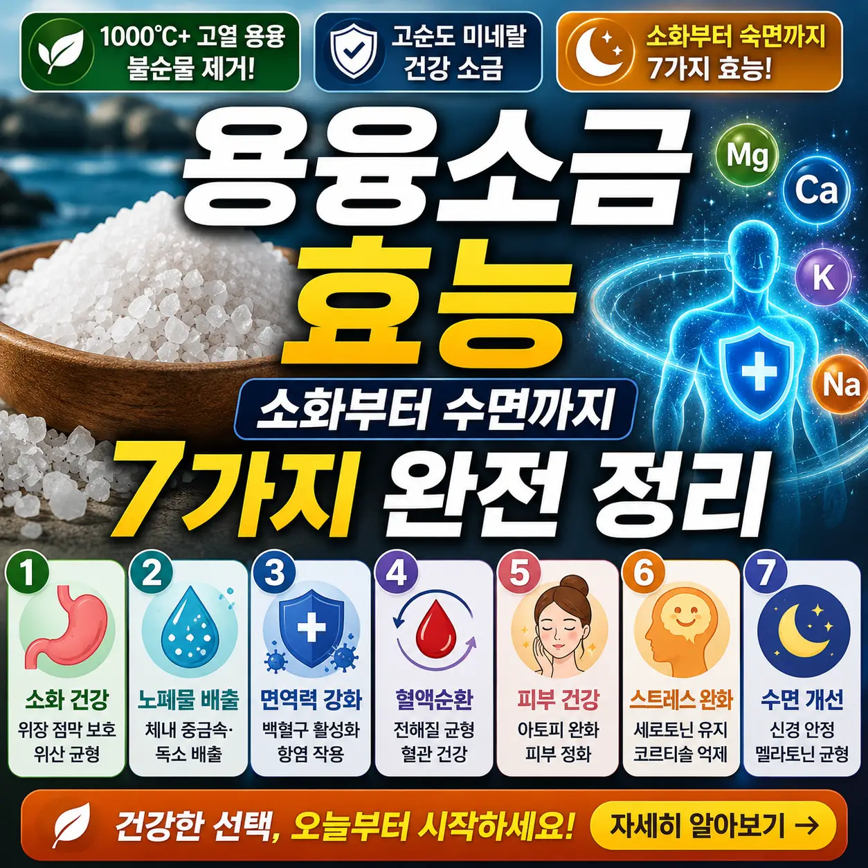 용융소금의 소화·면역·수면 관련 7가지 효능을 정리한 건강 정보 썸네일.
