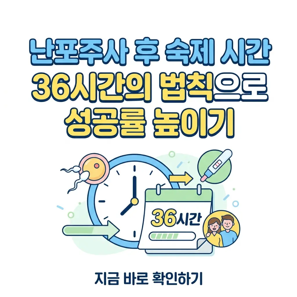 달력과 시계, 정자 이미지를 활용하여 난포주사 후 36시간 부부관계 일정을 직관적으로 설명하는 썸네일 이미지.