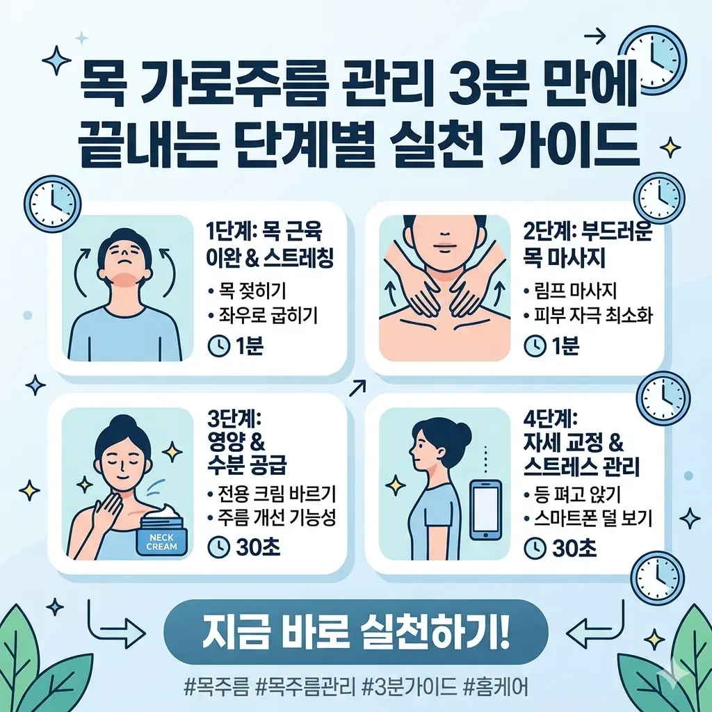 목 가로주름 관리를 위한 3분 단계별 실천 가이드를 설명하는 인포그래픽 1:1 포스터.