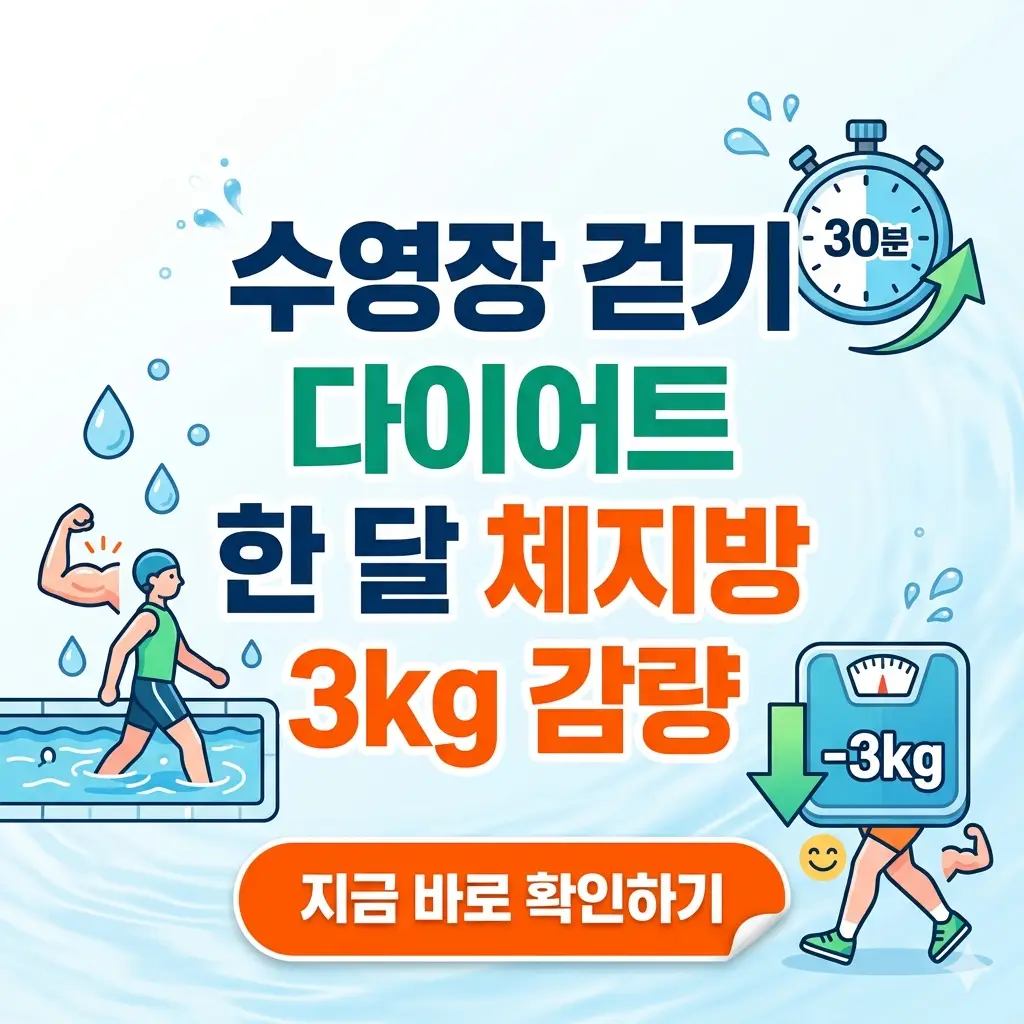 수영장에서 걷기 운동을 하는 모습과 체지방 감량 성공을 상징하는 아이콘이 조화롭게 배치된 1:1 비율의 다이어트 정보 썸네일입니다.
