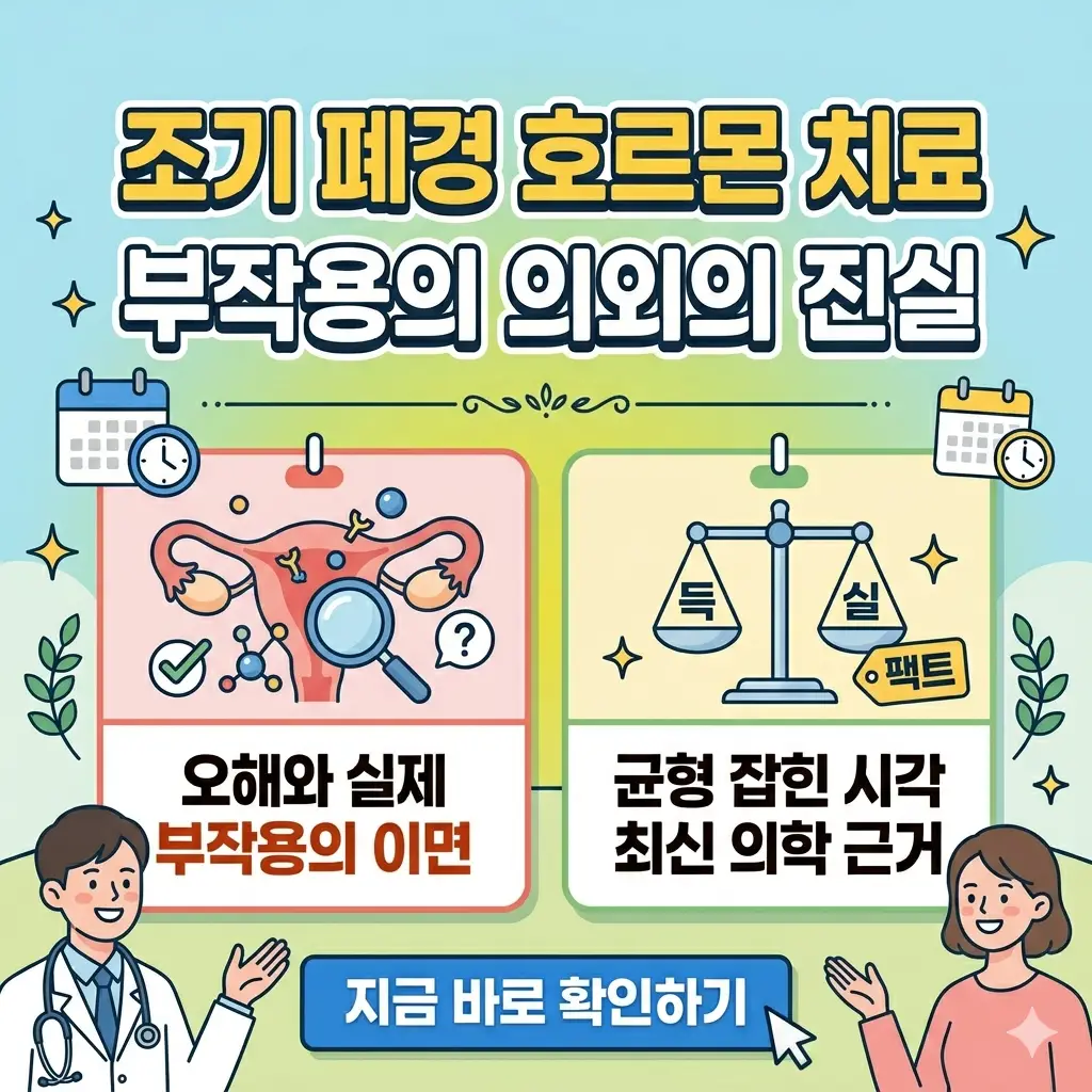 조기 폐경 호르몬 치료의 예상치 못한 부작용과 그 이면의 진실에 대해 설명하는 전문적인 의료 정보 썸네일입니다.