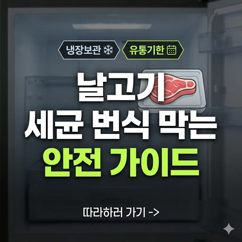 어두운 냉장고 배경에 '날고기 세균 번식 막는 안전 가이드'라는 문구와 생고기 아이콘이 있는 썸네일.