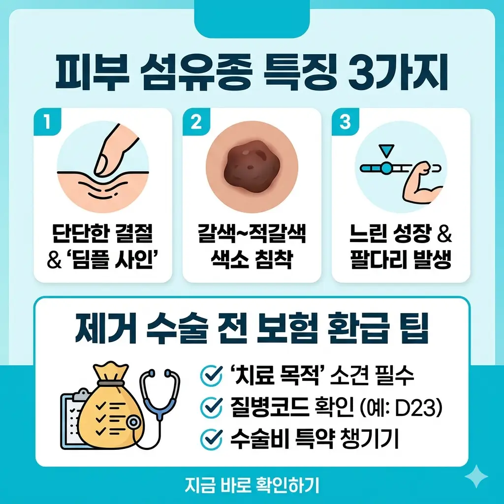 피부 섬유종의 주요 특징 3가지와 제거 수술 전 필수적인 보험 환급 팁을 정리한 가이드 정보그래픽 썸네일.
