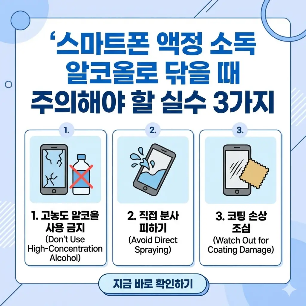 스마트폰 액정을 알코올로 소독할 때, 기기를 손상시킬 수 있는 흔한 실수 3가지를 경고하는 인포그래픽 썸네일.