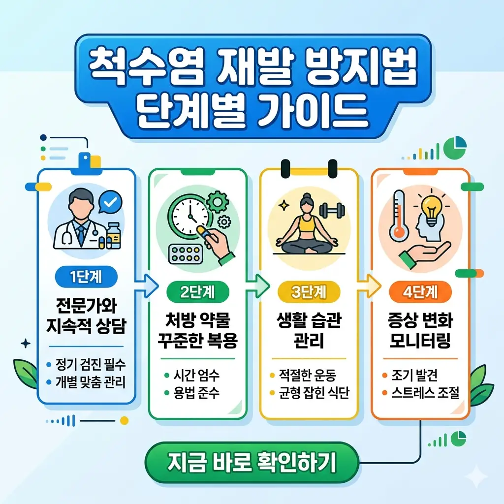 척수염 재발을 방지하기 위한 단계별 가이드를 핵심 정보와 함께 보여주는 인포그래픽 썸네일 이미지.