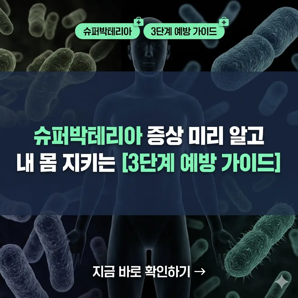 어두운 현미경 속 박테리아 배경 위에 '슈퍼박테리아'와 '3단계 예방 가이드'라는 문구가 적힌 건강 예방 썸네일.