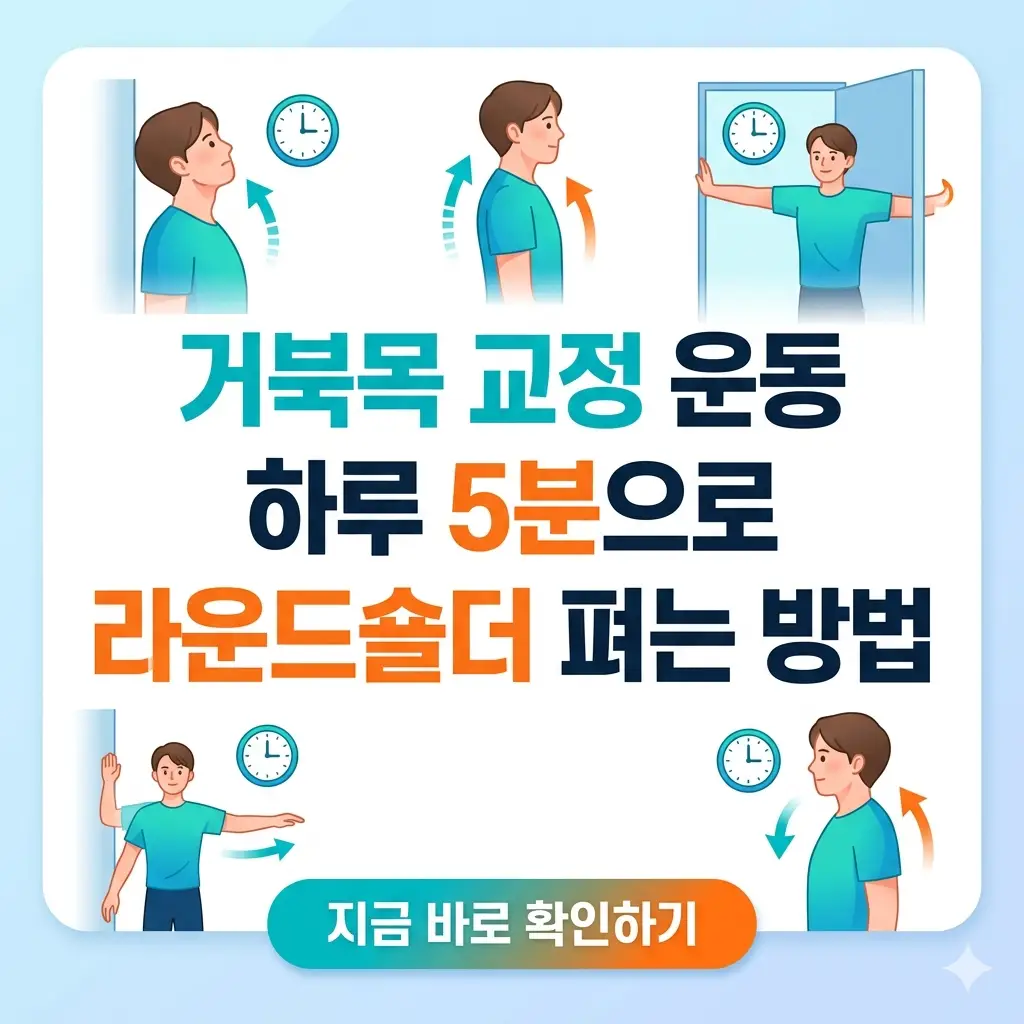 하루 5분 거북목 및 라운드숄더 교정 스트레칭 동작을 보여주는 인포그래픽 썸네일.