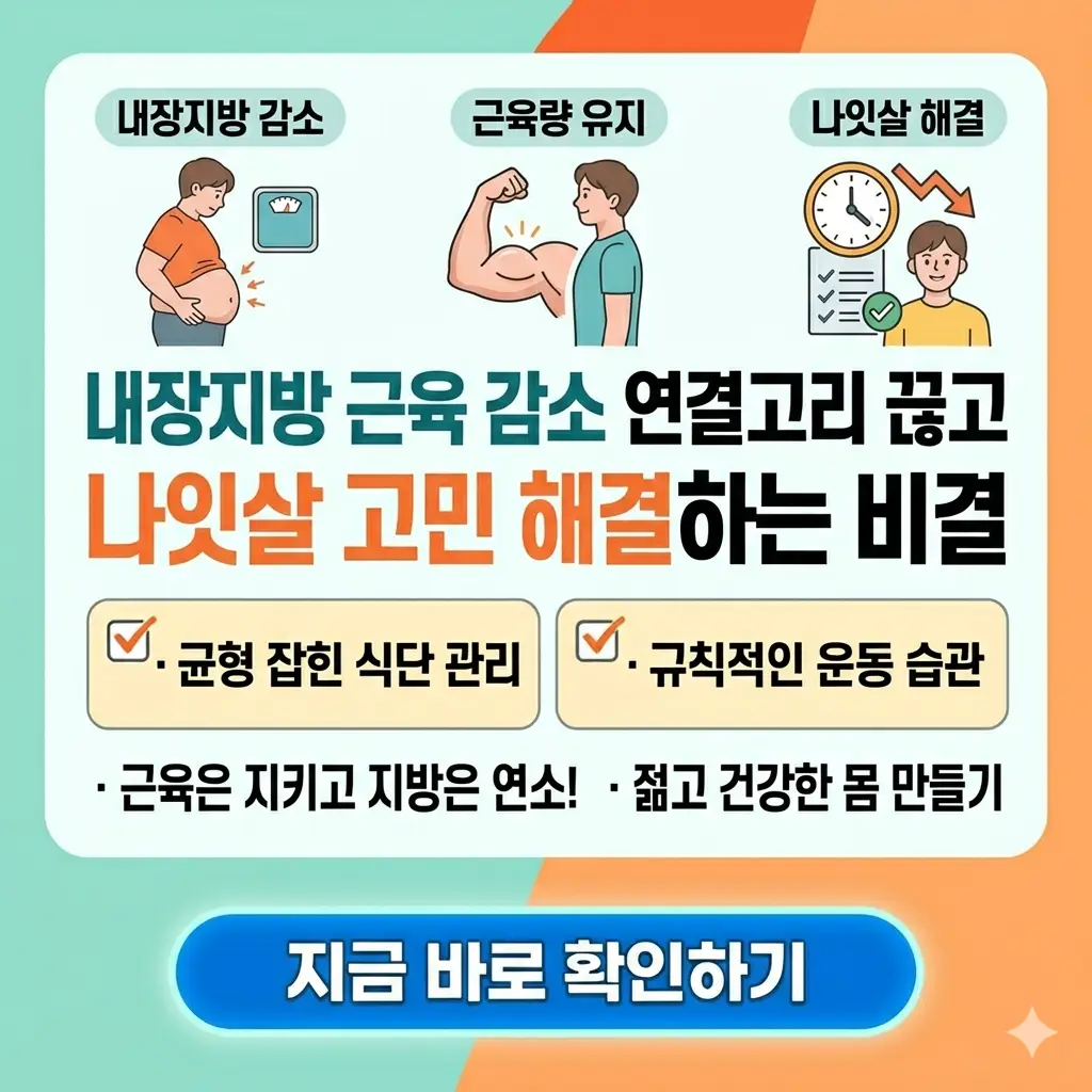 내장지방 감소와 근육량 유지를 통해 나잇살 고민을 해결하는 비결을 설명하는 건강 가이드 1:1 비율 썸네일 이미지.