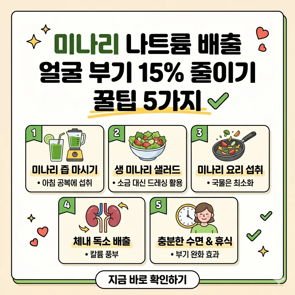 미나리의 나트륨 배출 효능으로 얼굴 부기를 15% 줄이는 5가지 구체적인 요리 및 섭취 팁을 정리한 인포그래픽 썸네일 이미지.