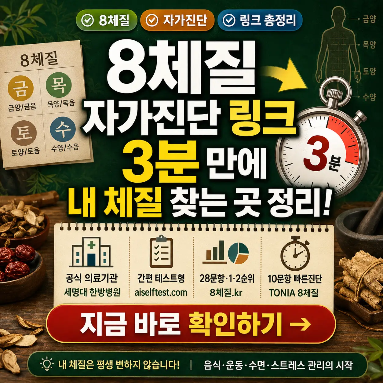 8체질 자가진단 링크를 통해 3분 만에 내 체질을 찾는 방법을 안내하는 썸네일