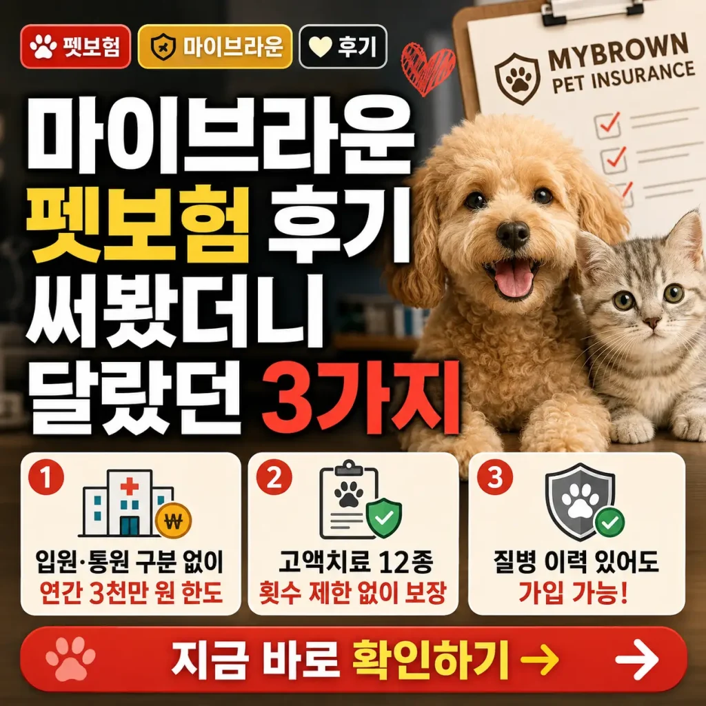 강아지와 고양이 배경 위에 마이브라운 펫보험 후기의 핵심 3가지를 강조한 썸네일.
