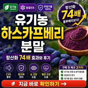 보랏빛 하스카프베리 분말과 항산화 74배 효과를 강조한 건강 정보 썸네일.