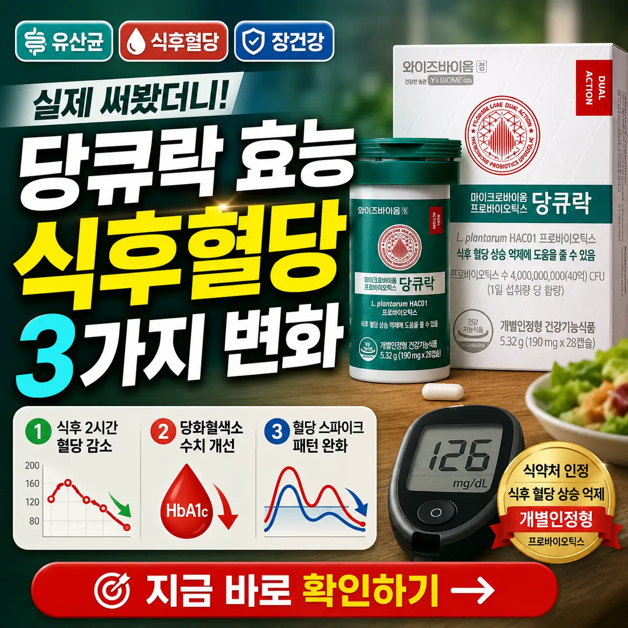 당큐락과 혈당 그래프를 배경으로 식후혈당 변화 3가지를 강조한 건강 정보 썸네일.