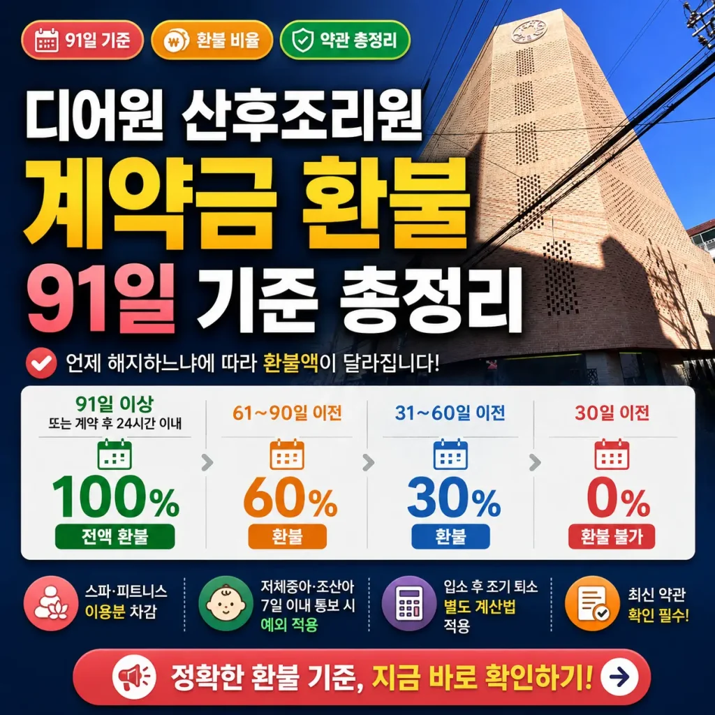 디어원 산후조리원 계약금 환불 91일 기준을 요약한 정사각형 썸네일.