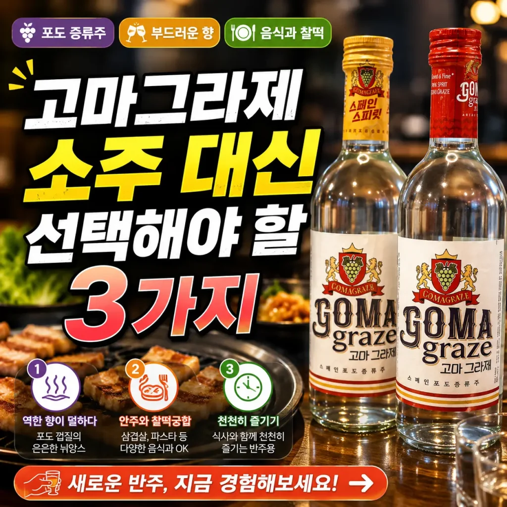 고마그라제와 소주를 중립적으로 비교하며 선택 기준 3가지를 보여주는 정보형 썸네일.