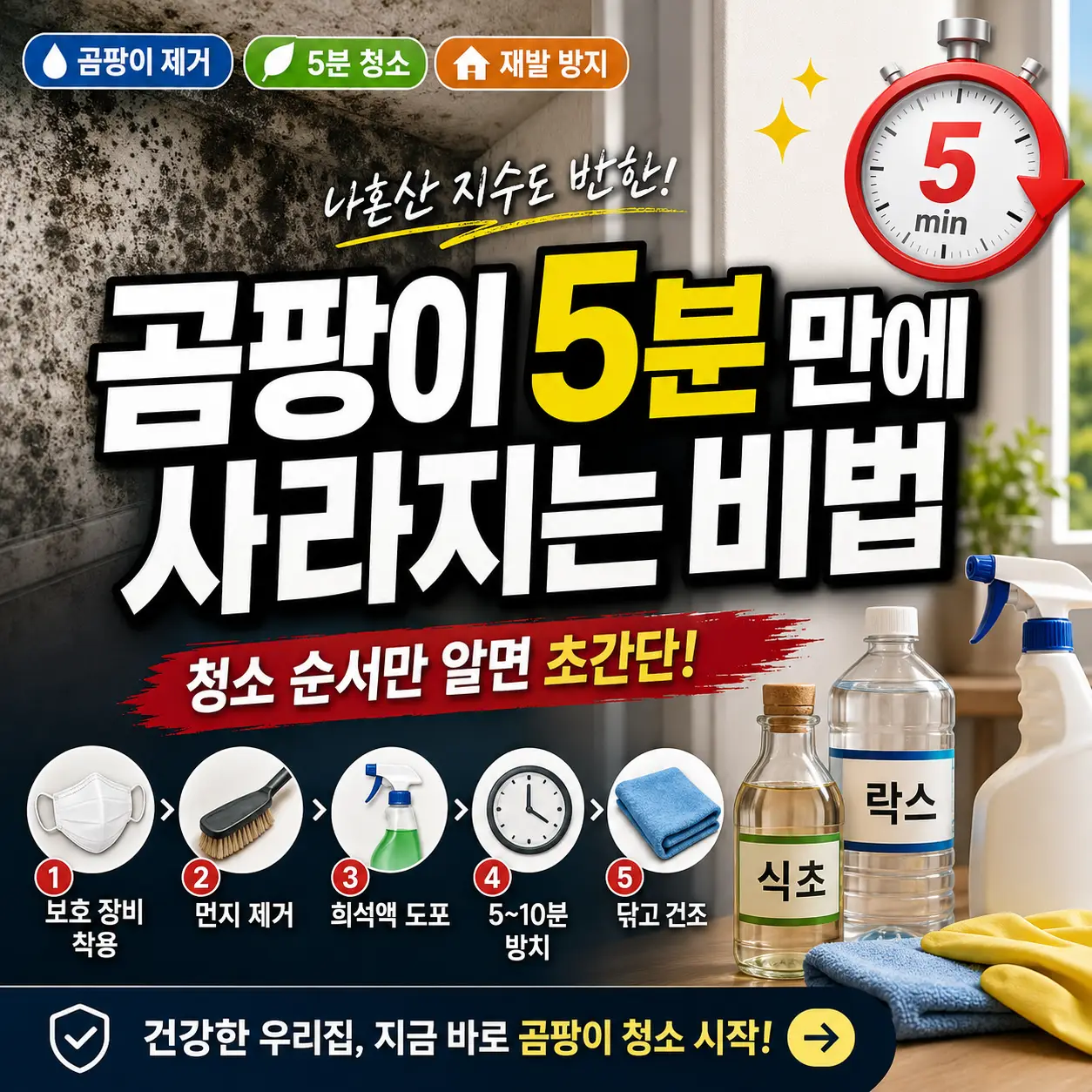 장마철 집 안 곰팡이를 5분 청소 비법으로 제거하는 썸네일 이미지.